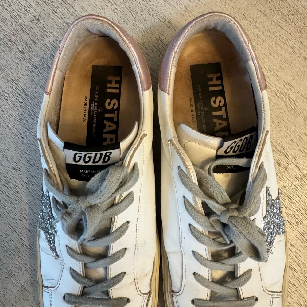 Golden Goose Hi Star White Sneakers with Glitter Star - Picture 5 of 6